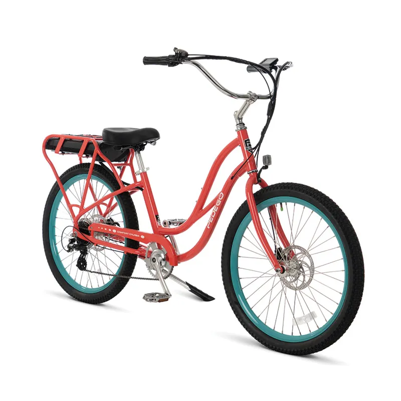 Pedego Comfort Cruiser Step Thru 26 inch Bike in Coral w/ Aqua Rims