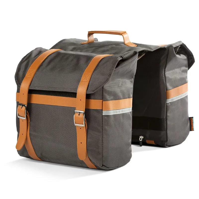 Pedego Premium Pannier Bag with Waterproof Rain Fly in Gray with Brown Leather
