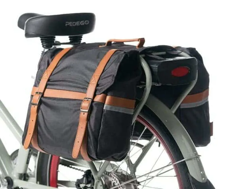Pedego Premium Pannier Bag with Waterproof Rain Fly in Gray with Brown Leather-1